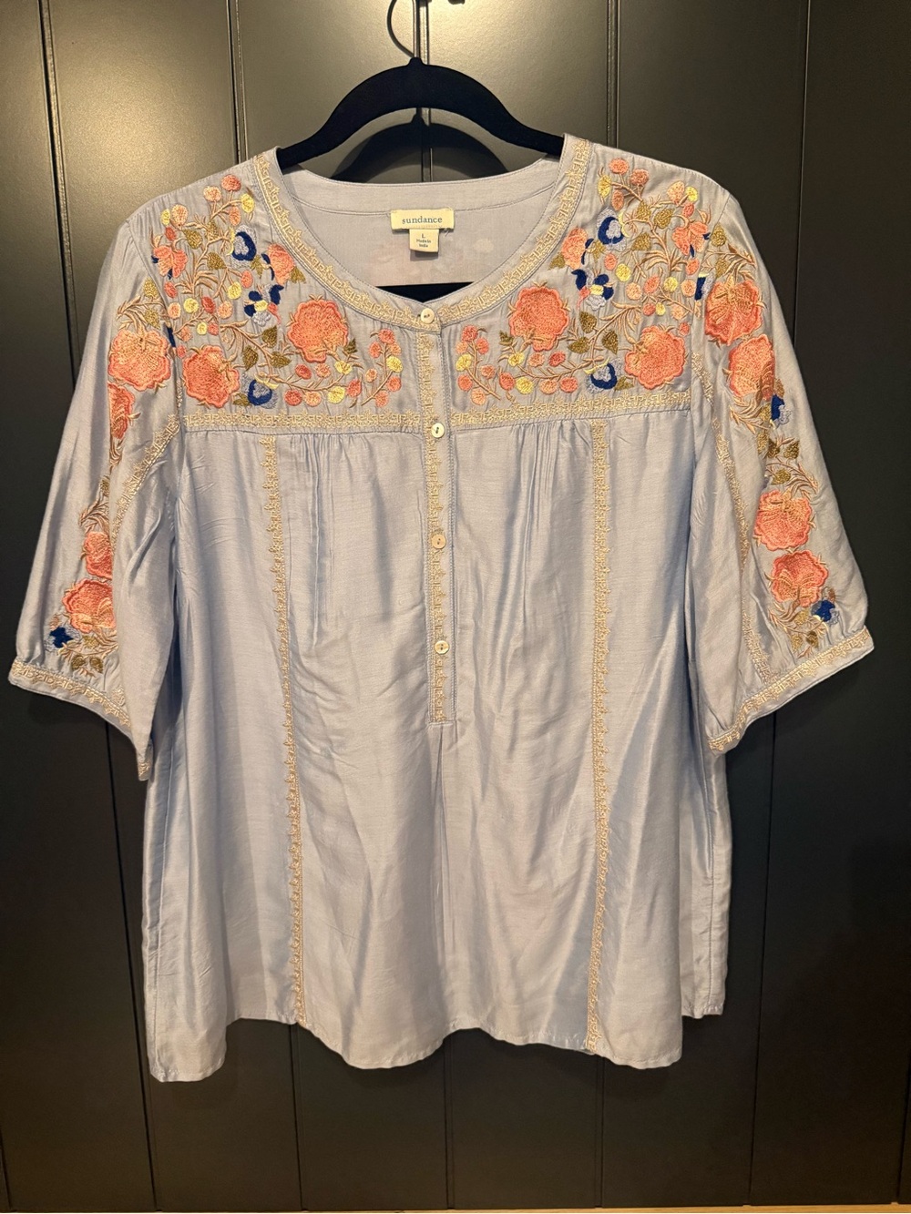 🪷 Sundance Women’s Silk-Blend Light Blue Embroidered Floral Peasant Top